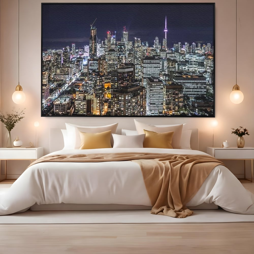Tablou Canvas Premium, LuxCanva® O1061, Orasul in Mii de Ferestre, Toronto, Canada, Glob, Lumina, Cristal, Apogeu, Otel, Neon, Stele, Puls, Electric, Visare, Vacanta, Privitor, Birou, Living, Dormitor