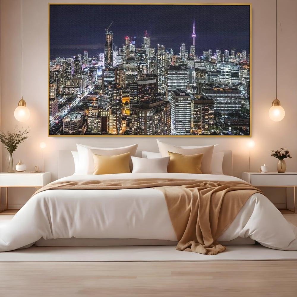 Tablou Canvas Premium, LuxCanva® O1061, Orasul in Mii de Ferestre, Toronto, Canada, Glob, Lumina, Cristal, Apogeu, Otel, Neon, Stele, Puls, Electric, Visare, Vacanta, Privitor, Birou, Living, Dormitor
