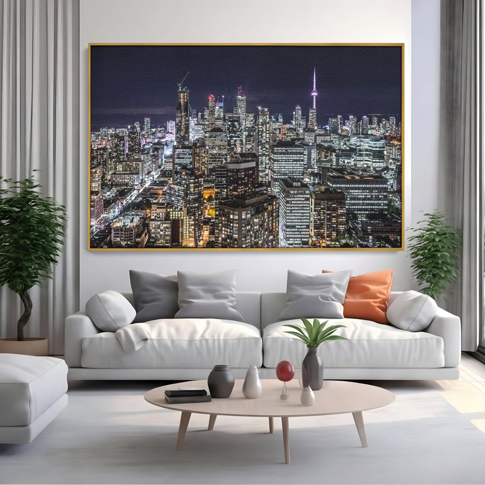 Tablou Canvas Premium, LuxCanva® O1061, Orasul in Mii de Ferestre, Toronto, Canada, Glob, Lumina, Cristal, Apogeu, Otel, Neon, Stele, Puls, Electric, Visare, Vacanta, Privitor, Birou, Living, Dormitor