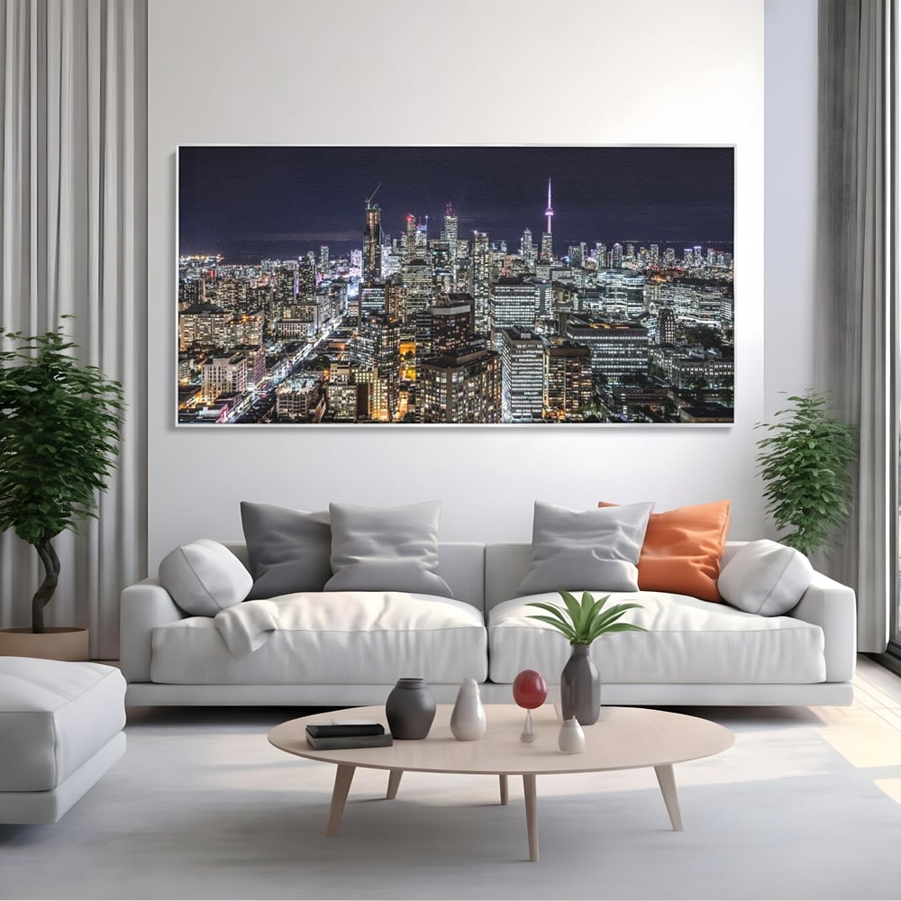 Tablou Canvas Premium, LuxCanva® O1061, Orasul in Mii de Ferestre, Toronto, Canada, Glob, Lumina, Cristal, Apogeu, Otel, Neon, Stele, Puls, Electric, Visare, Vacanta, Privitor, Birou, Living, Dormitor