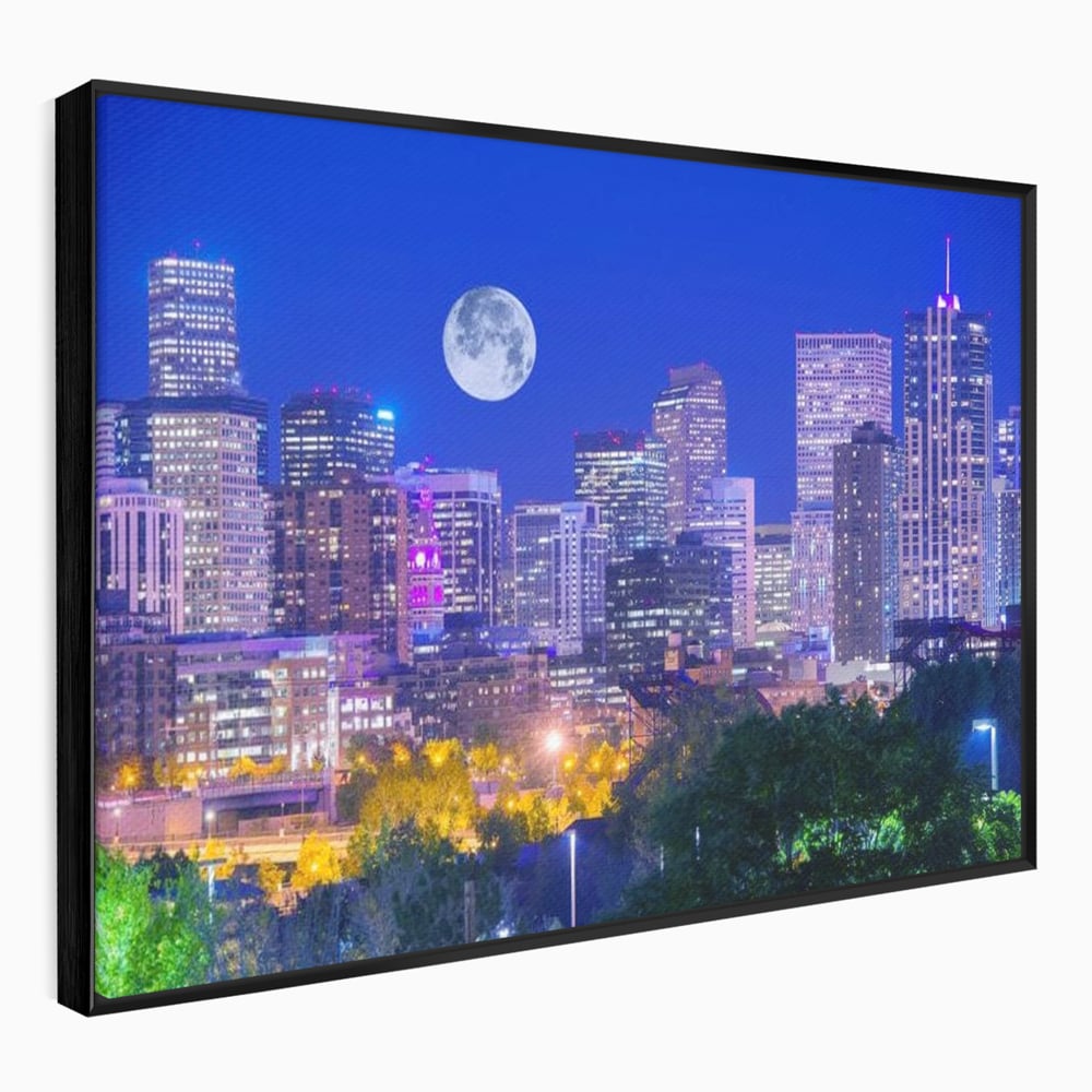 Tablou Canvas Premium, LuxCanva® O1062, Sub Stralucirea Astrala, Luna, Plina, Feerie, Magie, Nocturn, Denver, Poezie, Mister, Vis, Serenitate, Metropola, Albastru, Cosmic, Birou, Living, Dormitor