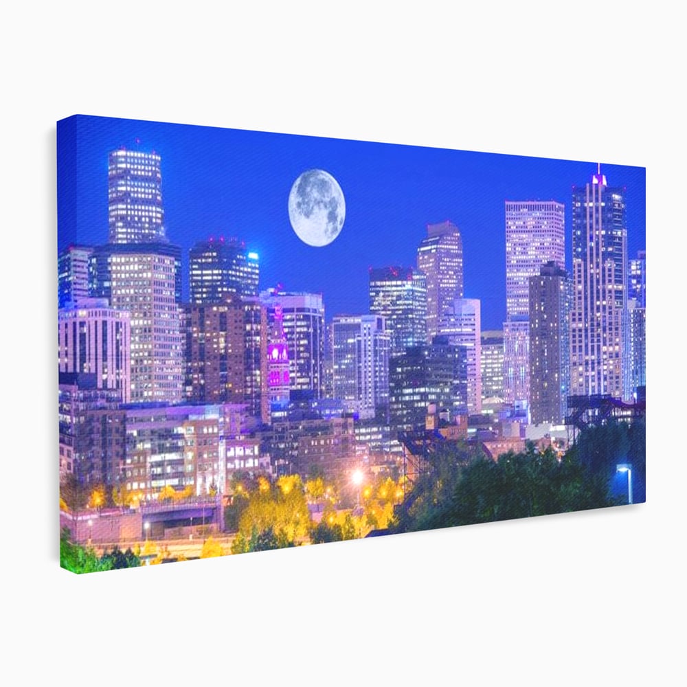 Tablou Canvas Premium, LuxCanva® O1062, Sub Stralucirea Astrala, Luna, Plina, Feerie, Magie, Nocturn, Denver, Poezie, Mister, Vis, Serenitate, Metropola, Albastru, Cosmic, Birou, Living, Dormitor