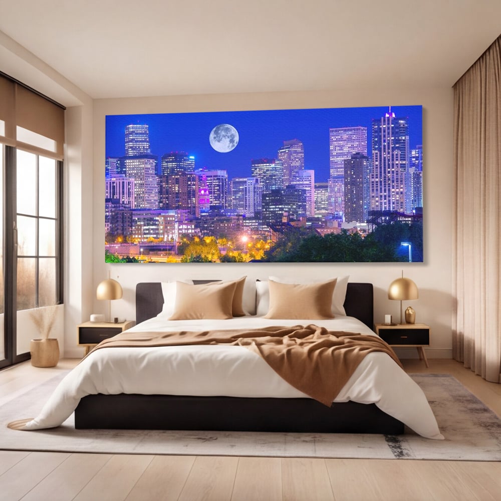 Tablou Canvas Premium, LuxCanva® O1062, Sub Stralucirea Astrala, Luna, Plina, Feerie, Magie, Nocturn, Denver, Poezie, Mister, Vis, Serenitate, Metropola, Albastru, Cosmic, Birou, Living, Dormitor