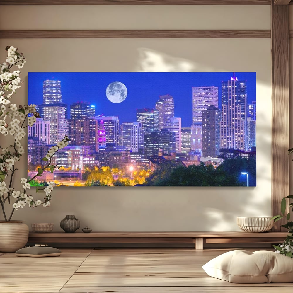 Tablou Canvas Premium, LuxCanva® O1062, Sub Stralucirea Astrala, Luna, Plina, Feerie, Magie, Nocturn, Denver, Poezie, Mister, Vis, Serenitate, Metropola, Albastru, Cosmic, Birou, Living, Dormitor