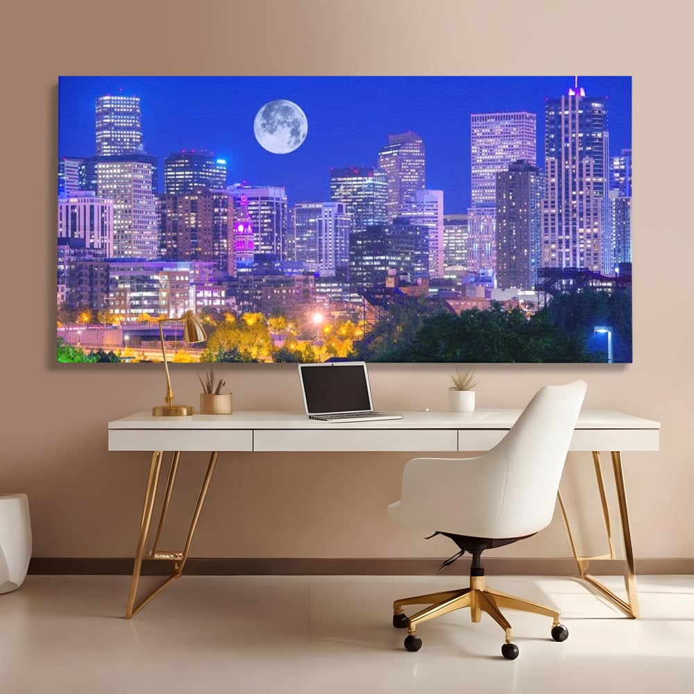 Tablou Canvas Premium, LuxCanva® O1062, Sub Stralucirea Astrala, Luna, Plina, Feerie, Magie, Nocturn, Denver, Poezie, Mister, Vis, Serenitate, Metropola, Albastru, Cosmic, Birou, Living, Dormitor
