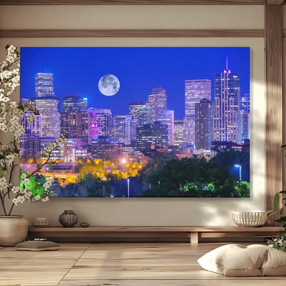 Tablou Canvas Premium, LuxCanva® O1062, Sub Stralucirea Astrala, Luna, Plina, Feerie, Magie, Nocturn, Denver, Poezie, Mister, Vis, Serenitate, Metropola, Albastru, Cosmic, Birou, Living, Dormitor