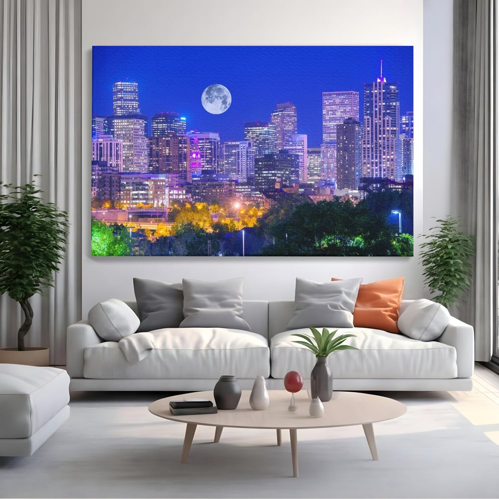 Tablou Canvas Premium, LuxCanva® O1062, Sub Stralucirea Astrala, Luna, Plina, Feerie, Magie, Nocturn, Denver, Poezie, Mister, Vis, Serenitate, Metropola, Albastru, Cosmic, Birou, Living, Dormitor