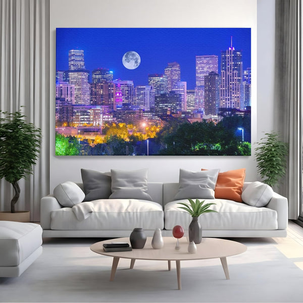 Tablou Canvas Premium, LuxCanva® O1062, Sub Stralucirea Astrala, Luna, Plina, Feerie, Magie, Nocturn, Denver, Poezie, Mister, Vis, Serenitate, Metropola, Albastru, Cosmic, Birou, Living, Dormitor