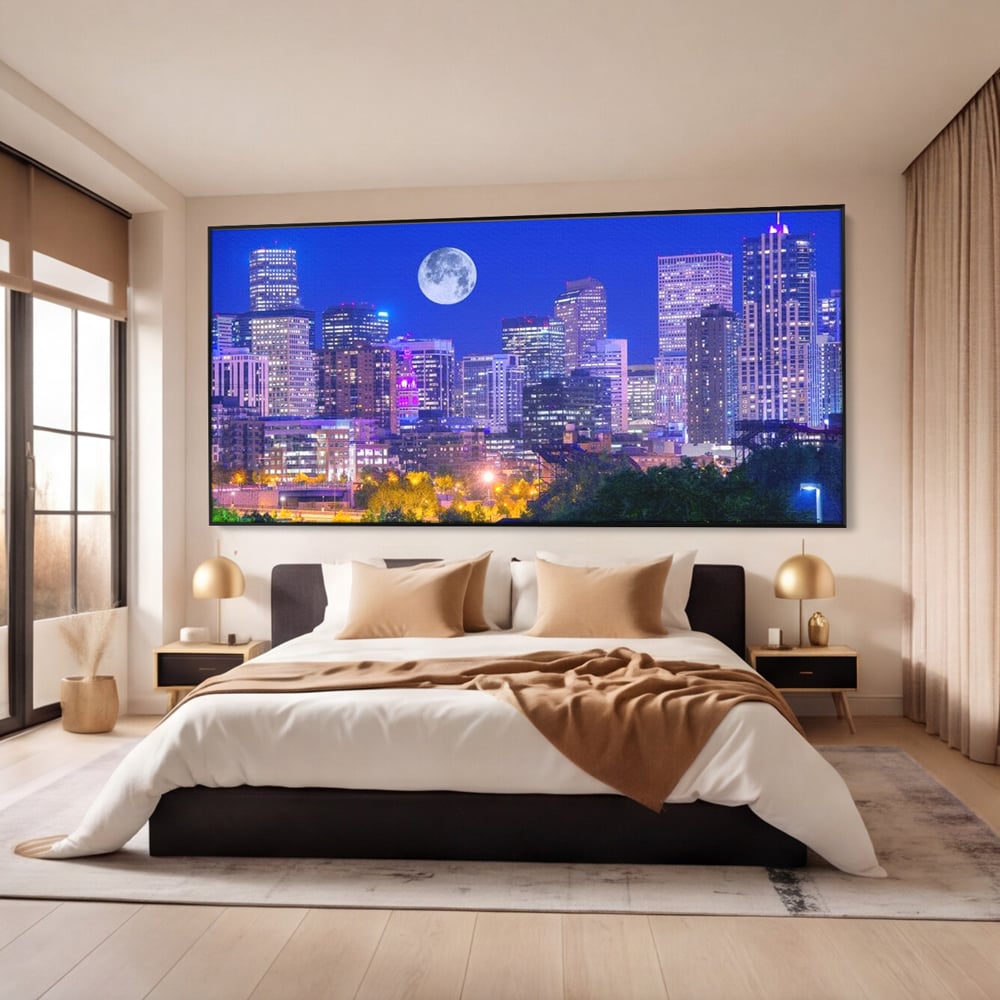Tablou Canvas Premium, LuxCanva® O1062, Sub Stralucirea Astrala, Luna, Plina, Feerie, Magie, Nocturn, Denver, Poezie, Mister, Vis, Serenitate, Metropola, Albastru, Cosmic, Birou, Living, Dormitor