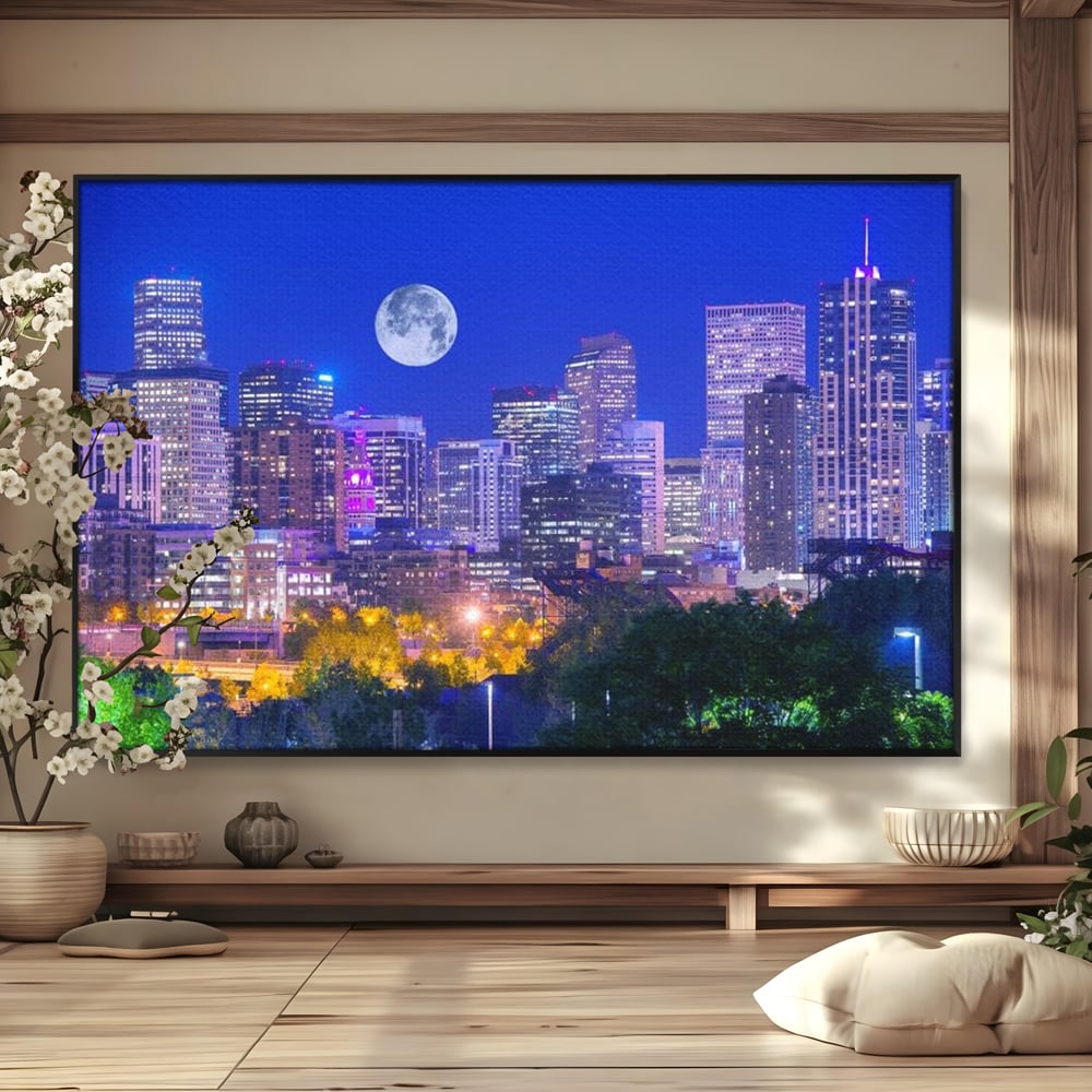 Tablou Canvas Premium, LuxCanva® O1062, Sub Stralucirea Astrala, Luna, Plina, Feerie, Magie, Nocturn, Denver, Poezie, Mister, Vis, Serenitate, Metropola, Albastru, Cosmic, Birou, Living, Dormitor