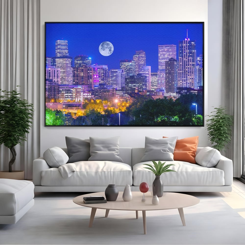 Tablou Canvas Premium, LuxCanva® O1062, Sub Stralucirea Astrala, Luna, Plina, Feerie, Magie, Nocturn, Denver, Poezie, Mister, Vis, Serenitate, Metropola, Albastru, Cosmic, Birou, Living, Dormitor