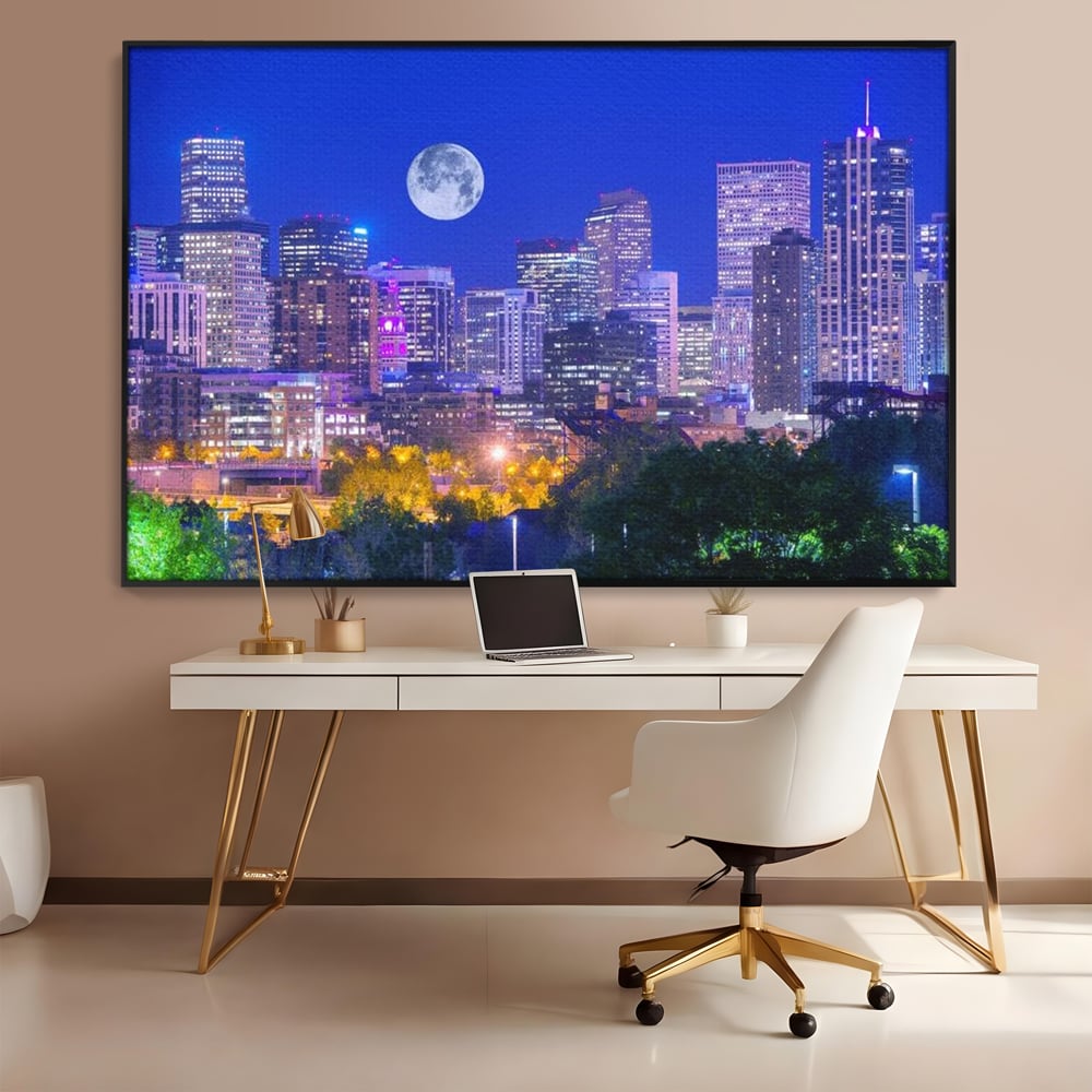 Tablou Canvas Premium, LuxCanva® O1062, Sub Stralucirea Astrala, Luna, Plina, Feerie, Magie, Nocturn, Denver, Poezie, Mister, Vis, Serenitate, Metropola, Albastru, Cosmic, Birou, Living, Dormitor