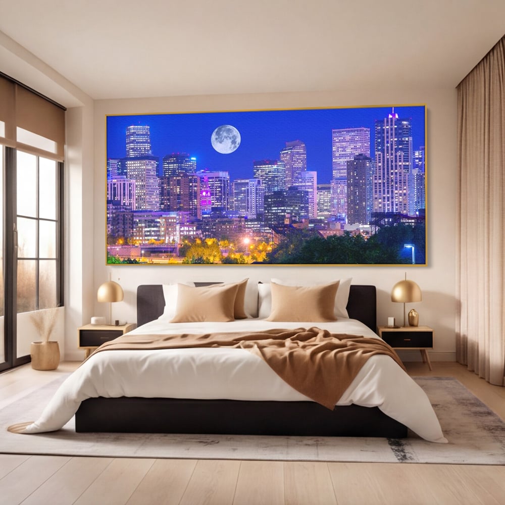 Tablou Canvas Premium, LuxCanva® O1062, Sub Stralucirea Astrala, Luna, Plina, Feerie, Magie, Nocturn, Denver, Poezie, Mister, Vis, Serenitate, Metropola, Albastru, Cosmic, Birou, Living, Dormitor
