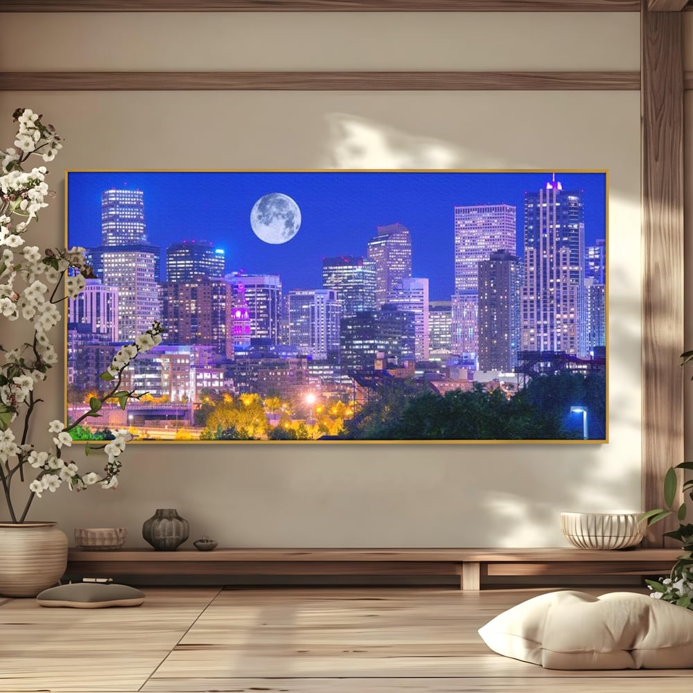Tablou Canvas Premium, LuxCanva® O1062, Sub Stralucirea Astrala, Luna, Plina, Feerie, Magie, Nocturn, Denver, Poezie, Mister, Vis, Serenitate, Metropola, Albastru, Cosmic, Birou, Living, Dormitor