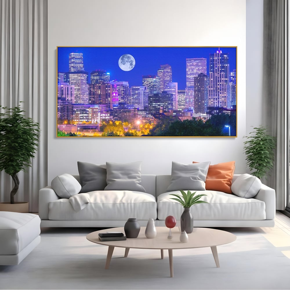 Tablou Canvas Premium, LuxCanva® O1062, Sub Stralucirea Astrala, Luna, Plina, Feerie, Magie, Nocturn, Denver, Poezie, Mister, Vis, Serenitate, Metropola, Albastru, Cosmic, Birou, Living, Dormitor