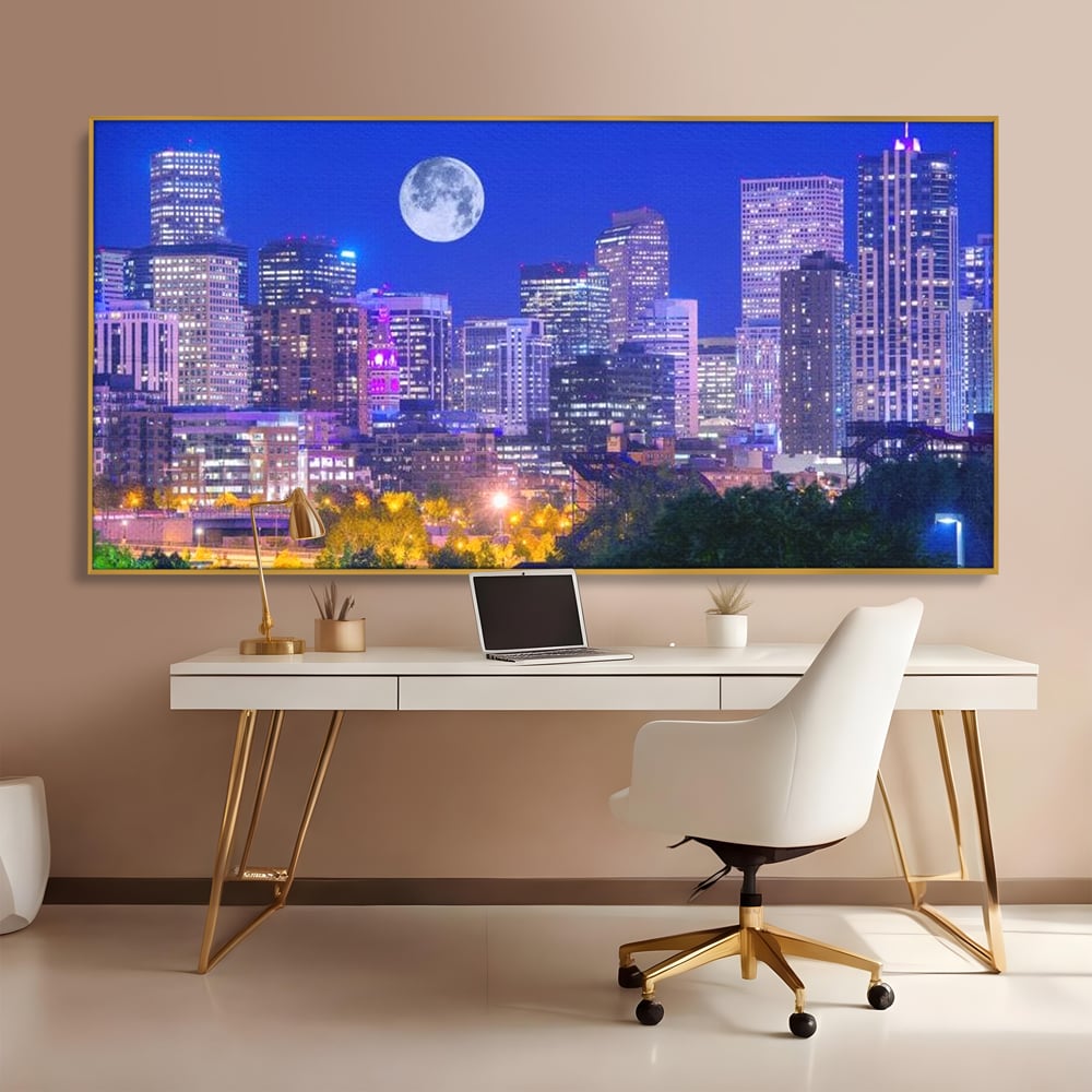 Tablou Canvas Premium, LuxCanva® O1062, Sub Stralucirea Astrala, Luna, Plina, Feerie, Magie, Nocturn, Denver, Poezie, Mister, Vis, Serenitate, Metropola, Albastru, Cosmic, Birou, Living, Dormitor