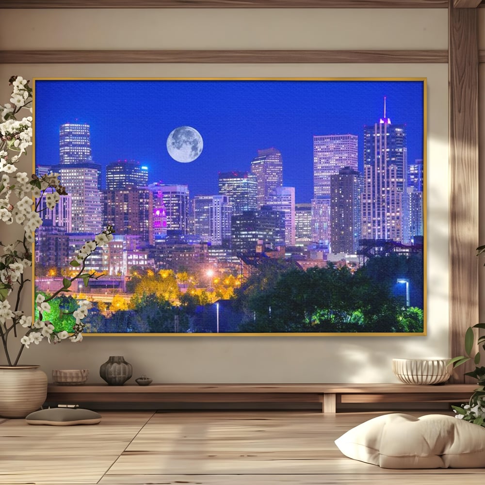 Tablou Canvas Premium, LuxCanva® O1062, Sub Stralucirea Astrala, Luna, Plina, Feerie, Magie, Nocturn, Denver, Poezie, Mister, Vis, Serenitate, Metropola, Albastru, Cosmic, Birou, Living, Dormitor
