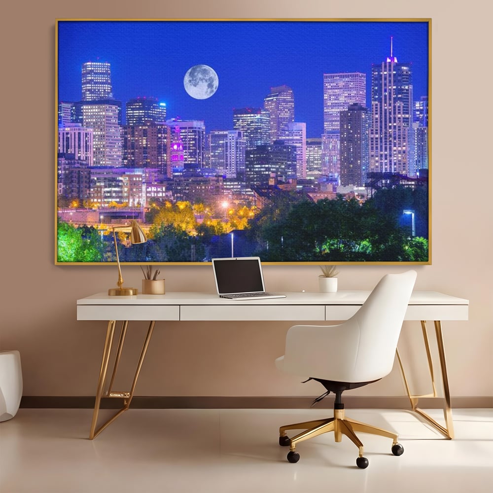 Tablou Canvas Premium, LuxCanva® O1062, Sub Stralucirea Astrala, Luna, Plina, Feerie, Magie, Nocturn, Denver, Poezie, Mister, Vis, Serenitate, Metropola, Albastru, Cosmic, Birou, Living, Dormitor