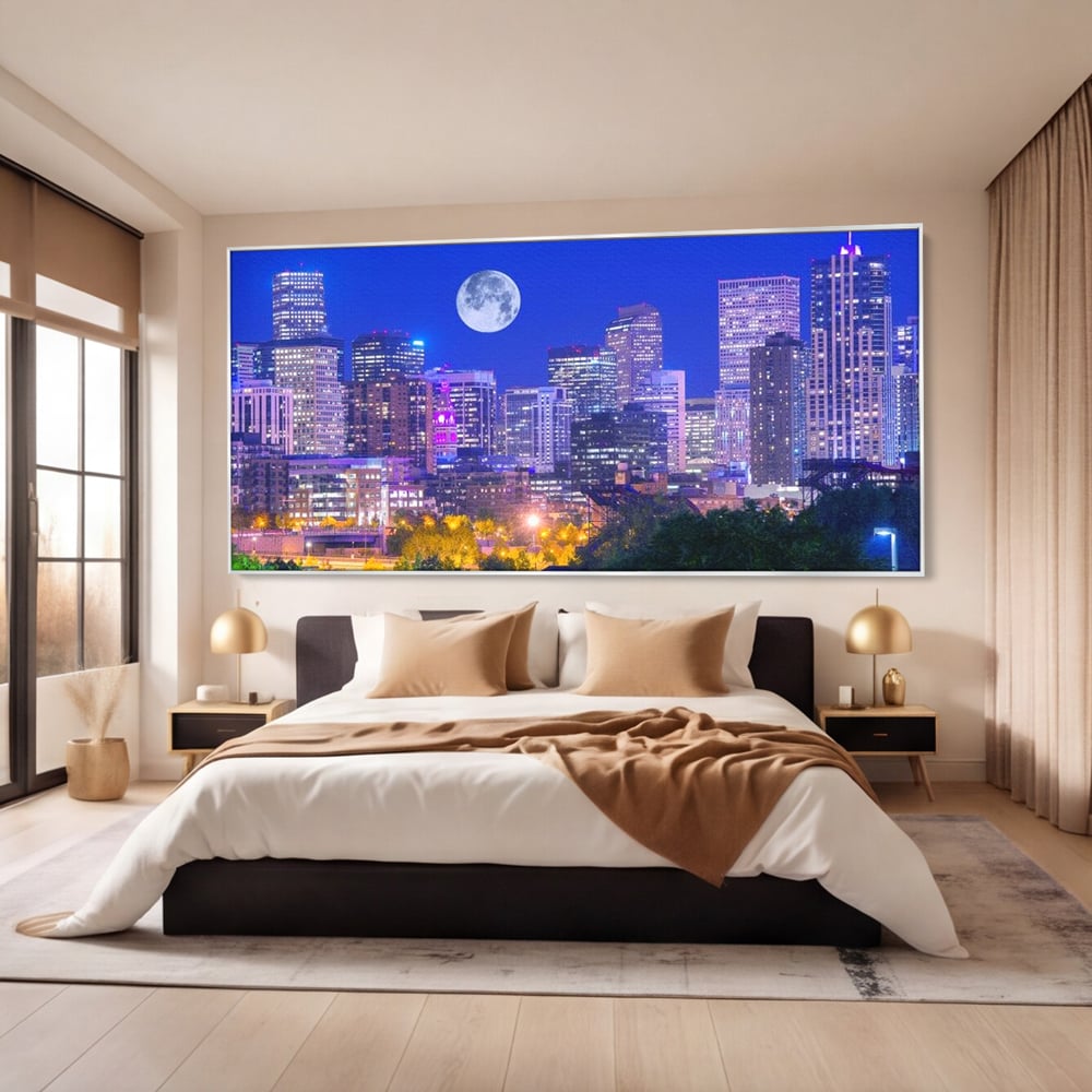 Tablou Canvas Premium, LuxCanva® O1062, Sub Stralucirea Astrala, Luna, Plina, Feerie, Magie, Nocturn, Denver, Poezie, Mister, Vis, Serenitate, Metropola, Albastru, Cosmic, Birou, Living, Dormitor