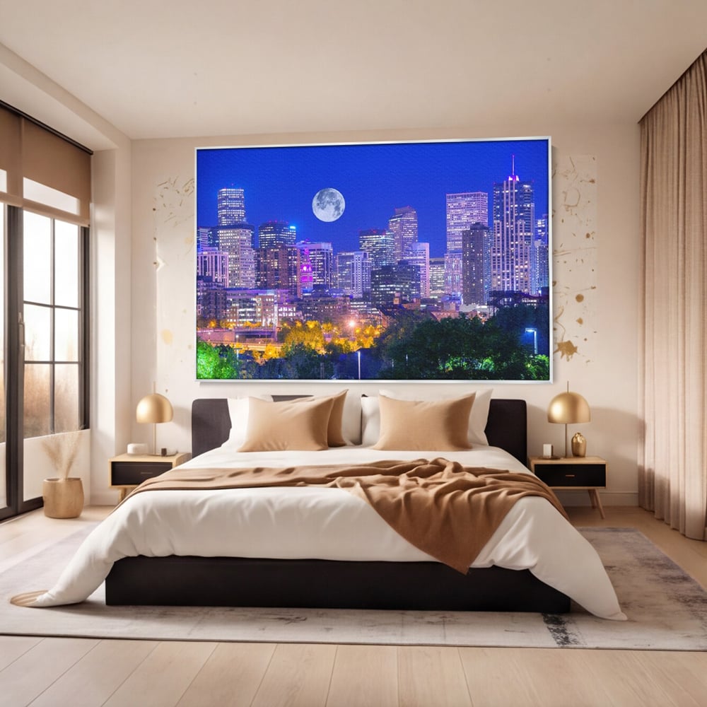 Tablou Canvas Premium, LuxCanva® O1062, Sub Stralucirea Astrala, Luna, Plina, Feerie, Magie, Nocturn, Denver, Poezie, Mister, Vis, Serenitate, Metropola, Albastru, Cosmic, Birou, Living, Dormitor