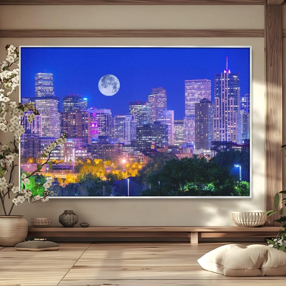 Tablou Canvas Premium, LuxCanva® O1062, Sub Stralucirea Astrala, Luna, Plina, Feerie, Magie, Nocturn, Denver, Poezie, Mister, Vis, Serenitate, Metropola, Albastru, Cosmic, Birou, Living, Dormitor