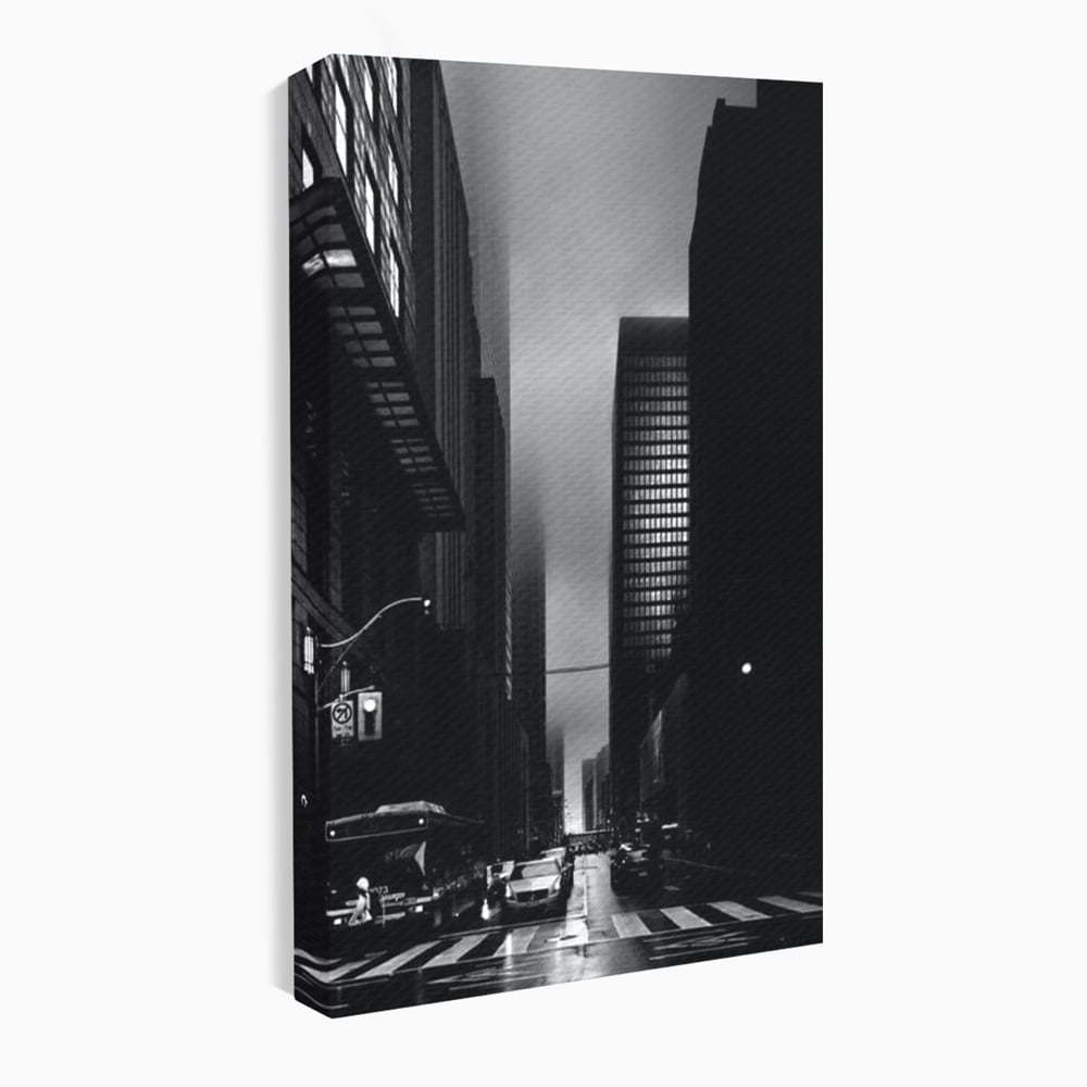 Leinwandbilder Premium, LuxCanva® O1063, Toronto in der Stille, Schwarz, Grau, Monochrom, Fußgänger, Passage, Gebäude, schillernd, Nacht, Dunkelheit, Nebel, Geist, Regen, Schatten, schattenhaft, dunkel, Büro, Wohnen, Schlafzimmer