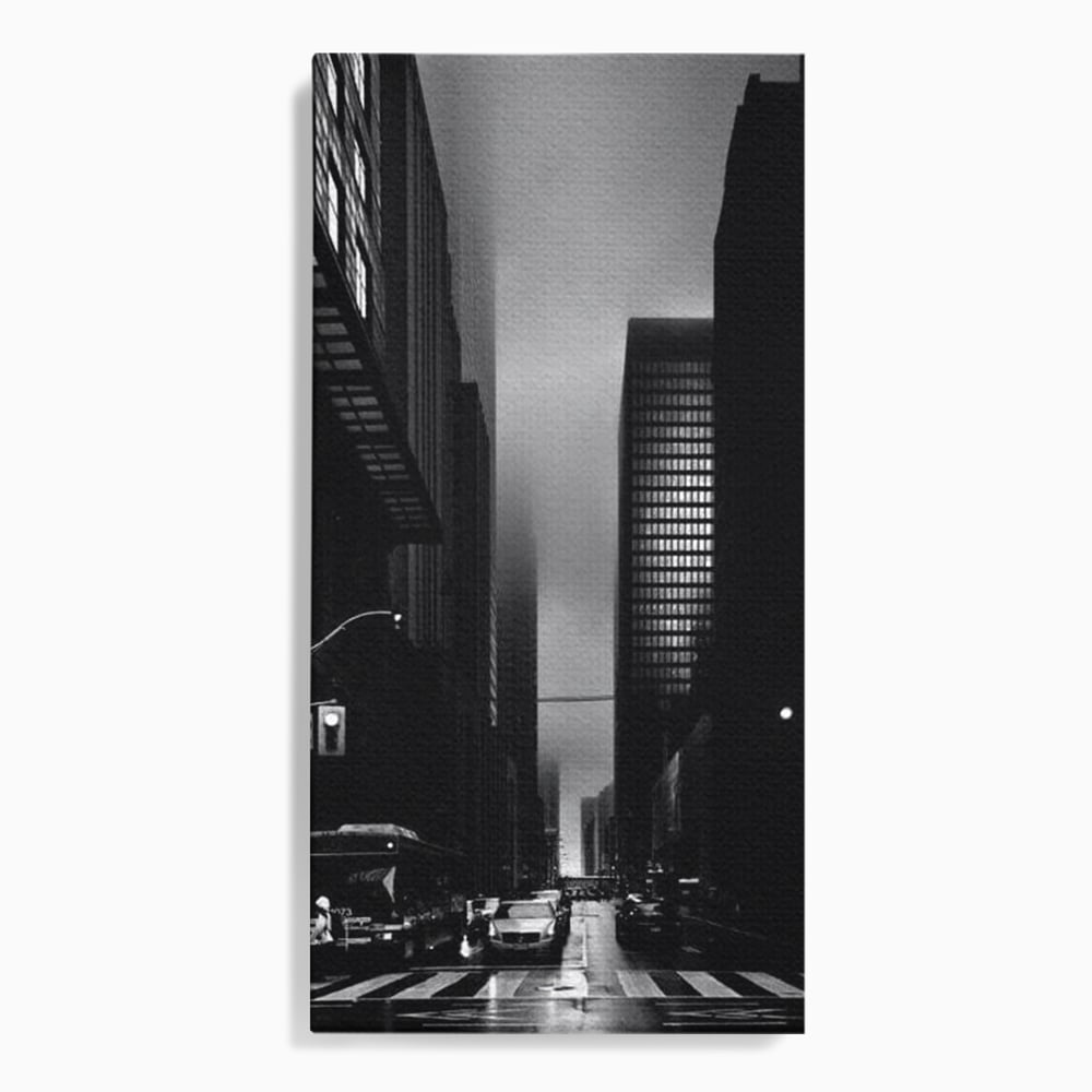 Leinwandbilder Premium, LuxCanva® O1063, Toronto in der Stille, Schwarz, Grau, Monochrom, Fußgänger, Passage, Gebäude, schillernd, Nacht, Dunkelheit, Nebel, Geist, Regen, Schatten, schattenhaft, dunkel, Büro, Wohnen, Schlafzimmer