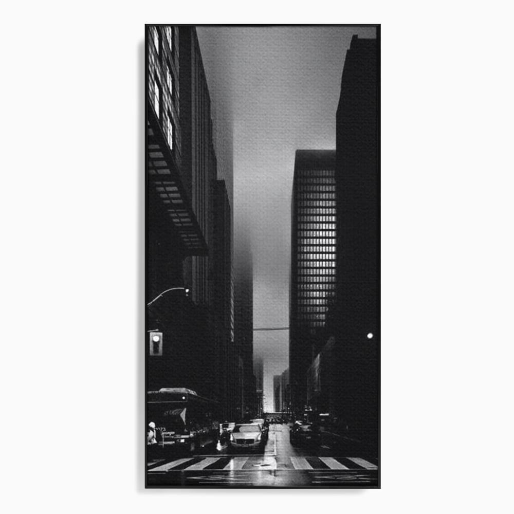 Leinwandbilder Premium, LuxCanva® O1063, Toronto in der Stille, Schwarz, Grau, Monochrom, Fußgänger, Passage, Gebäude, schillernd, Nacht, Dunkelheit, Nebel, Geist, Regen, Schatten, schattenhaft, dunkel, Büro, Wohnen, Schlafzimmer