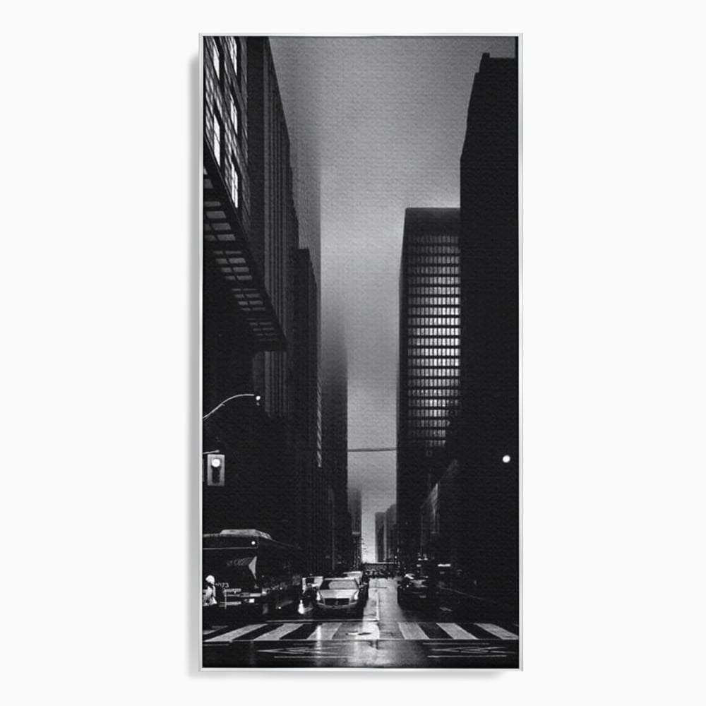 Leinwandbilder Premium, LuxCanva® O1063, Toronto in der Stille, Schwarz, Grau, Monochrom, Fußgänger, Passage, Gebäude, schillernd, Nacht, Dunkelheit, Nebel, Geist, Regen, Schatten, schattenhaft, dunkel, Büro, Wohnen, Schlafzimmer