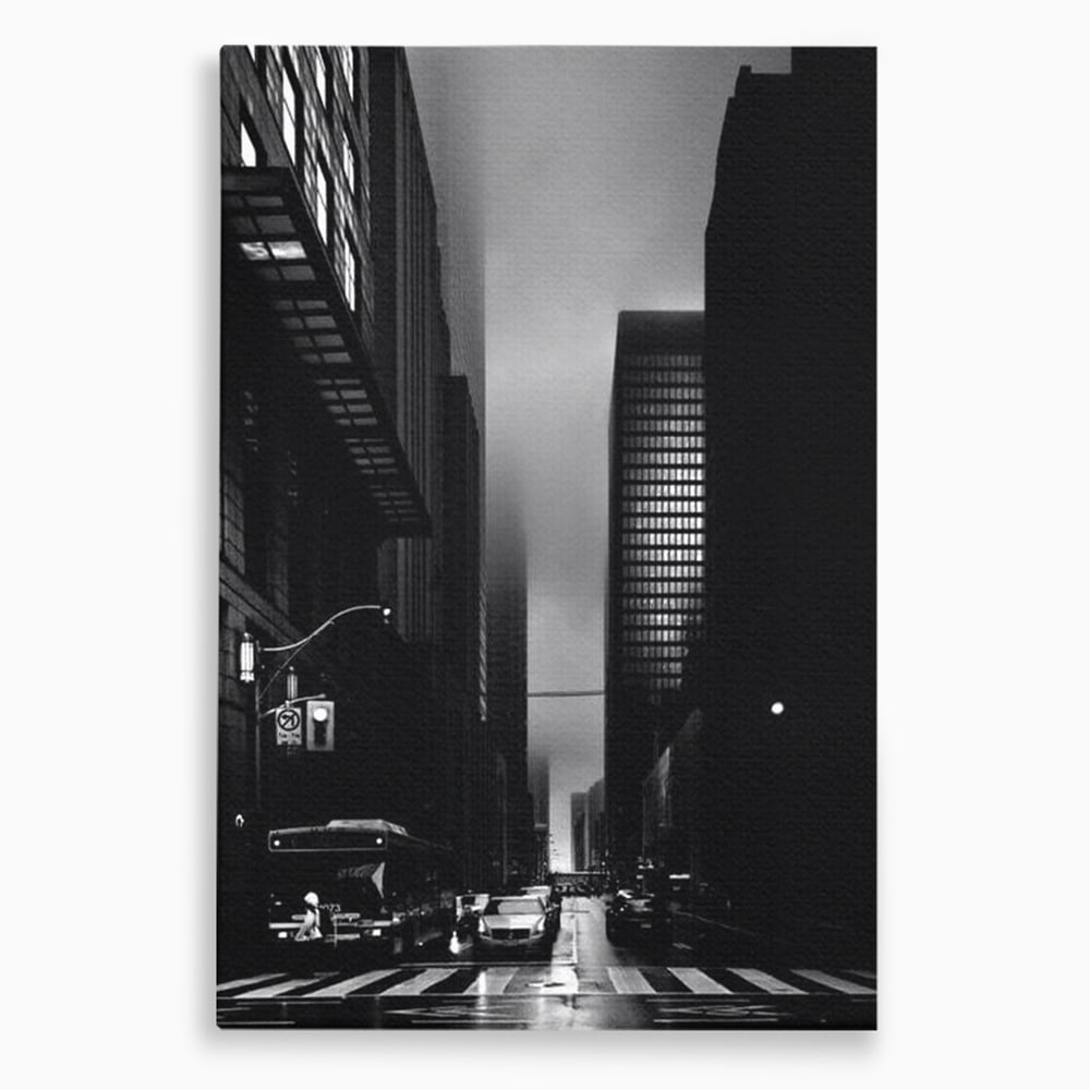 Leinwandbilder Premium, LuxCanva® O1063, Toronto in der Stille, Schwarz, Grau, Monochrom, Fußgänger, Passage, Gebäude, schillernd, Nacht, Dunkelheit, Nebel, Geist, Regen, Schatten, schattenhaft, dunkel, Büro, Wohnen, Schlafzimmer
