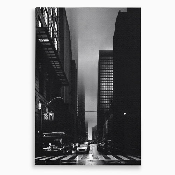 Leinwandbilder Premium, LuxCanva® O1063, Toronto in der Stille, Schwarz, Grau, Monochrom, Fußgänger, Passage, Gebäude, schillernd, Nacht, Dunkelheit, Nebel, Geist, Regen, Schatten, schattenhaft, dunkel, Büro, Wohnen, Schlafzimmer