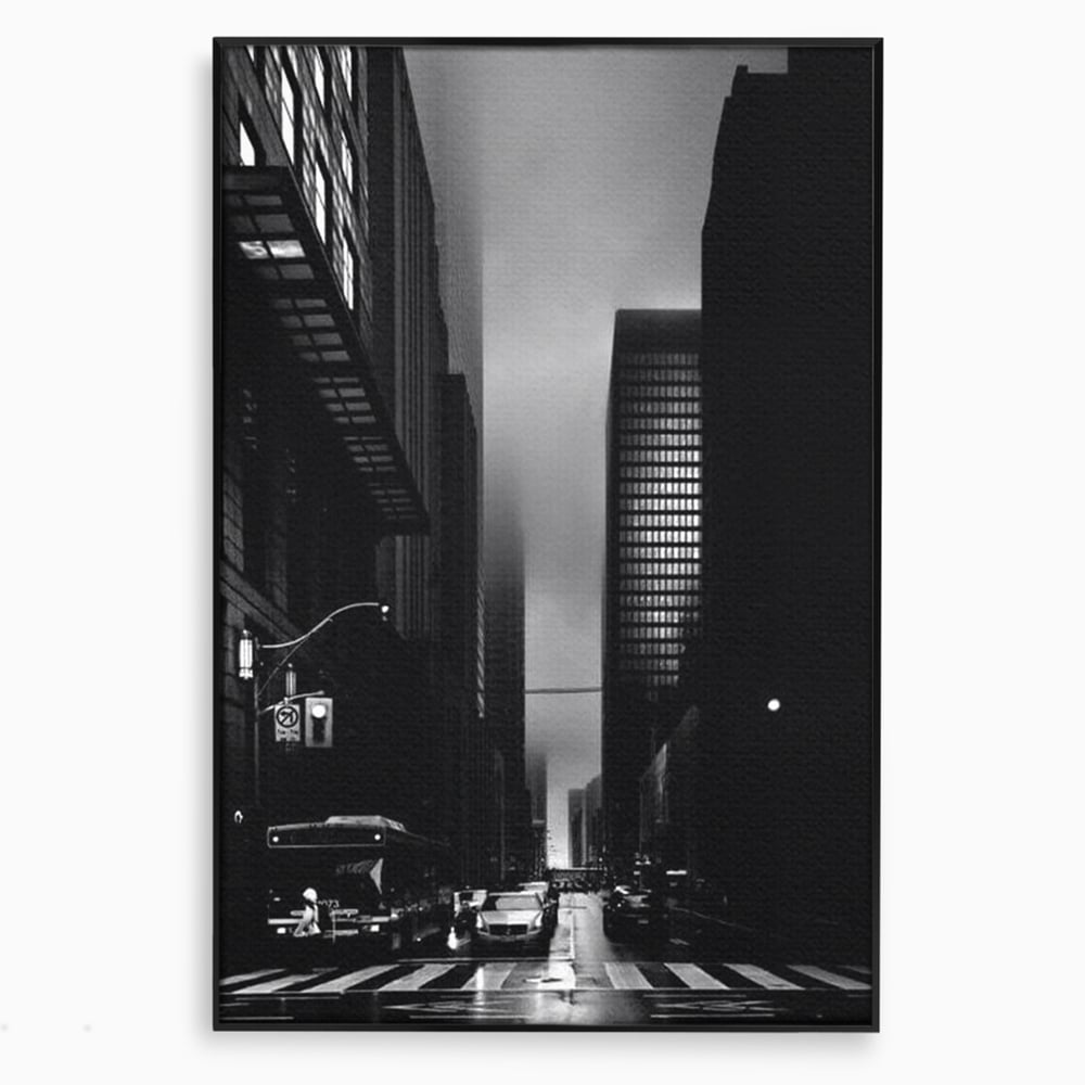 Leinwandbilder Premium, LuxCanva® O1063, Toronto in der Stille, Schwarz, Grau, Monochrom, Fußgänger, Passage, Gebäude, schillernd, Nacht, Dunkelheit, Nebel, Geist, Regen, Schatten, schattenhaft, dunkel, Büro, Wohnen, Schlafzimmer