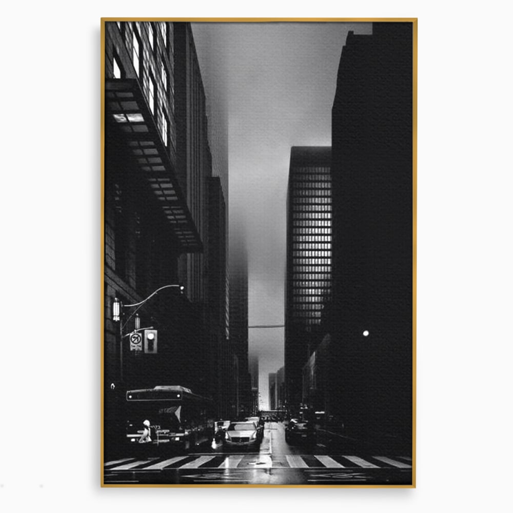 Leinwandbilder Premium, LuxCanva® O1063, Toronto in der Stille, Schwarz, Grau, Monochrom, Fußgänger, Passage, Gebäude, schillernd, Nacht, Dunkelheit, Nebel, Geist, Regen, Schatten, schattenhaft, dunkel, Büro, Wohnen, Schlafzimmer