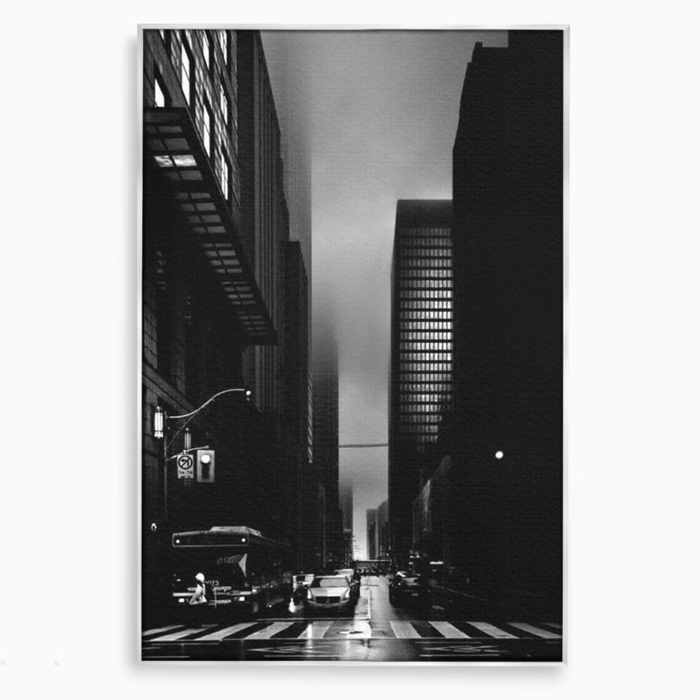 Leinwandbilder Premium, LuxCanva® O1063, Toronto in der Stille, Schwarz, Grau, Monochrom, Fußgänger, Passage, Gebäude, schillernd, Nacht, Dunkelheit, Nebel, Geist, Regen, Schatten, schattenhaft, dunkel, Büro, Wohnen, Schlafzimmer