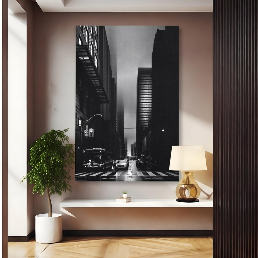 Leinwandbilder Premium, LuxCanva® O1063, Toronto in der Stille, Schwarz, Grau, Monochrom, Fußgänger, Passage, Gebäude, schillernd, Nacht, Dunkelheit, Nebel, Geist, Regen, Schatten, schattenhaft, dunkel, Büro, Wohnen, Schlafzimmer