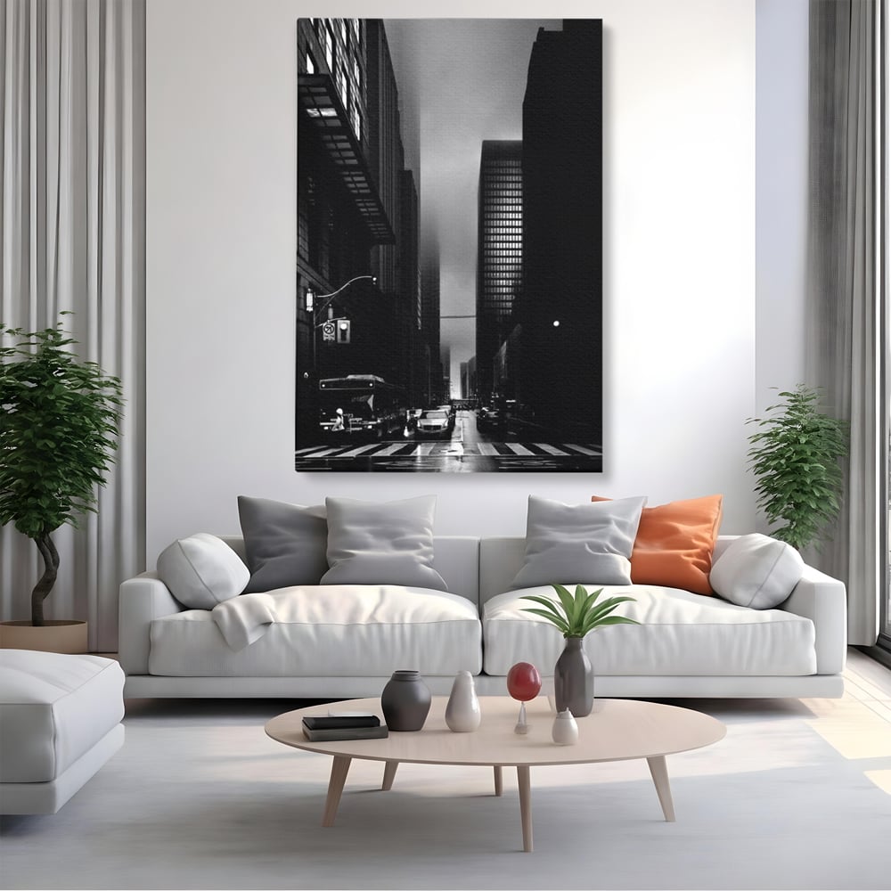 Leinwandbilder Premium, LuxCanva® O1063, Toronto in der Stille, Schwarz, Grau, Monochrom, Fußgänger, Passage, Gebäude, schillernd, Nacht, Dunkelheit, Nebel, Geist, Regen, Schatten, schattenhaft, dunkel, Büro, Wohnen, Schlafzimmer