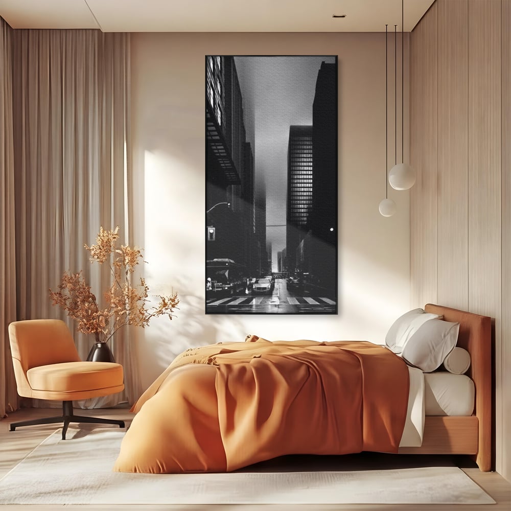 Leinwandbilder Premium, LuxCanva® O1063, Toronto in der Stille, Schwarz, Grau, Monochrom, Fußgänger, Passage, Gebäude, schillernd, Nacht, Dunkelheit, Nebel, Geist, Regen, Schatten, schattenhaft, dunkel, Büro, Wohnen, Schlafzimmer