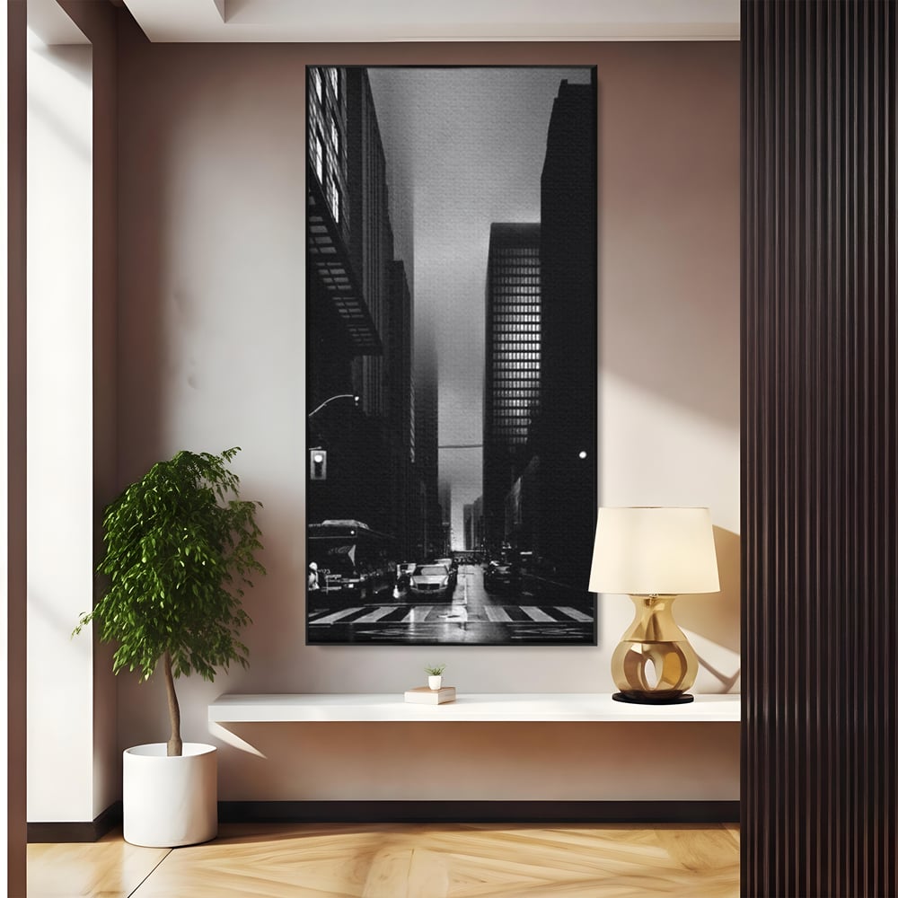 Leinwandbilder Premium, LuxCanva® O1063, Toronto in der Stille, Schwarz, Grau, Monochrom, Fußgänger, Passage, Gebäude, schillernd, Nacht, Dunkelheit, Nebel, Geist, Regen, Schatten, schattenhaft, dunkel, Büro, Wohnen, Schlafzimmer