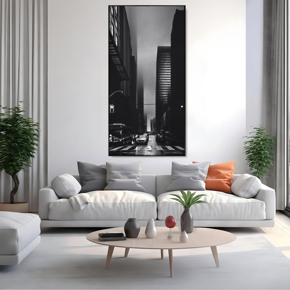 Leinwandbilder Premium, LuxCanva® O1063, Toronto in der Stille, Schwarz, Grau, Monochrom, Fußgänger, Passage, Gebäude, schillernd, Nacht, Dunkelheit, Nebel, Geist, Regen, Schatten, schattenhaft, dunkel, Büro, Wohnen, Schlafzimmer