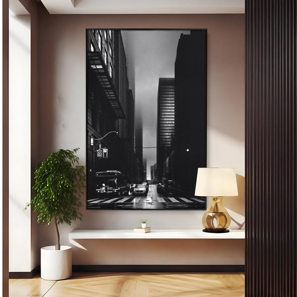 Leinwandbilder Premium, LuxCanva® O1063, Toronto in der Stille, Schwarz, Grau, Monochrom, Fußgänger, Passage, Gebäude, schillernd, Nacht, Dunkelheit, Nebel, Geist, Regen, Schatten, schattenhaft, dunkel, Büro, Wohnen, Schlafzimmer
