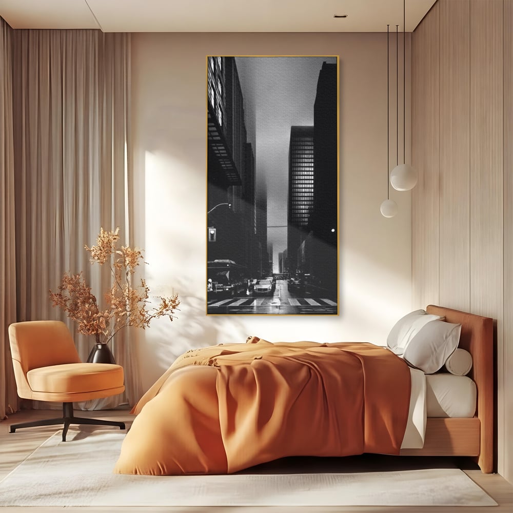 Leinwandbilder Premium, LuxCanva® O1063, Toronto in der Stille, Schwarz, Grau, Monochrom, Fußgänger, Passage, Gebäude, schillernd, Nacht, Dunkelheit, Nebel, Geist, Regen, Schatten, schattenhaft, dunkel, Büro, Wohnen, Schlafzimmer