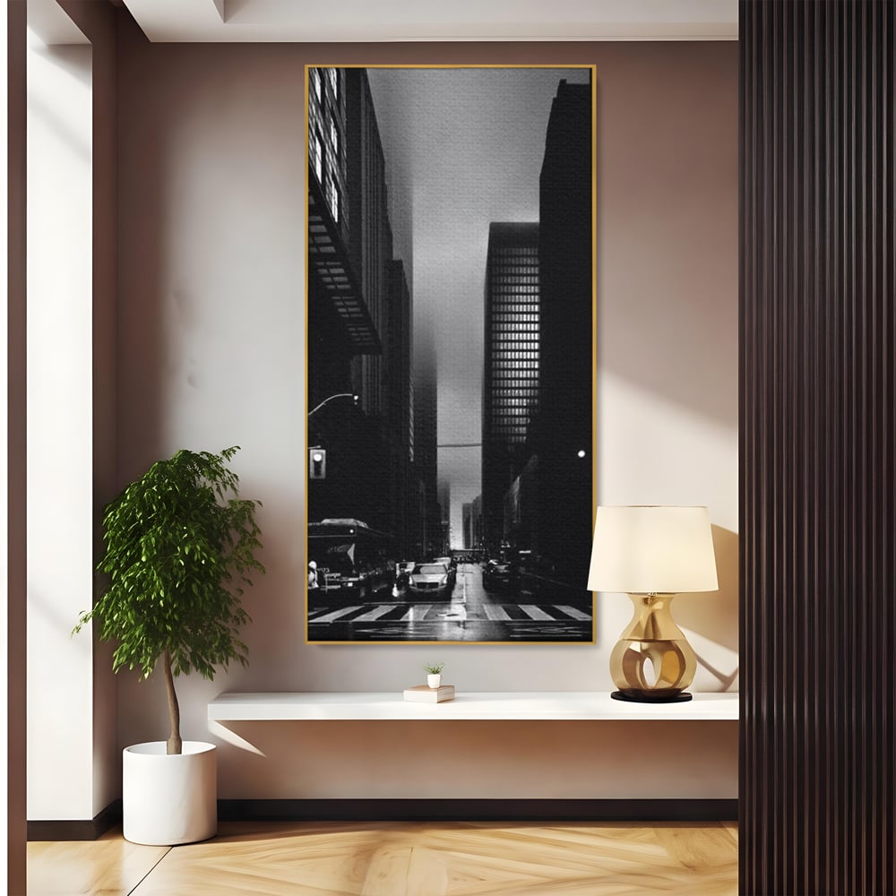 Leinwandbilder Premium, LuxCanva® O1063, Toronto in der Stille, Schwarz, Grau, Monochrom, Fußgänger, Passage, Gebäude, schillernd, Nacht, Dunkelheit, Nebel, Geist, Regen, Schatten, schattenhaft, dunkel, Büro, Wohnen, Schlafzimmer