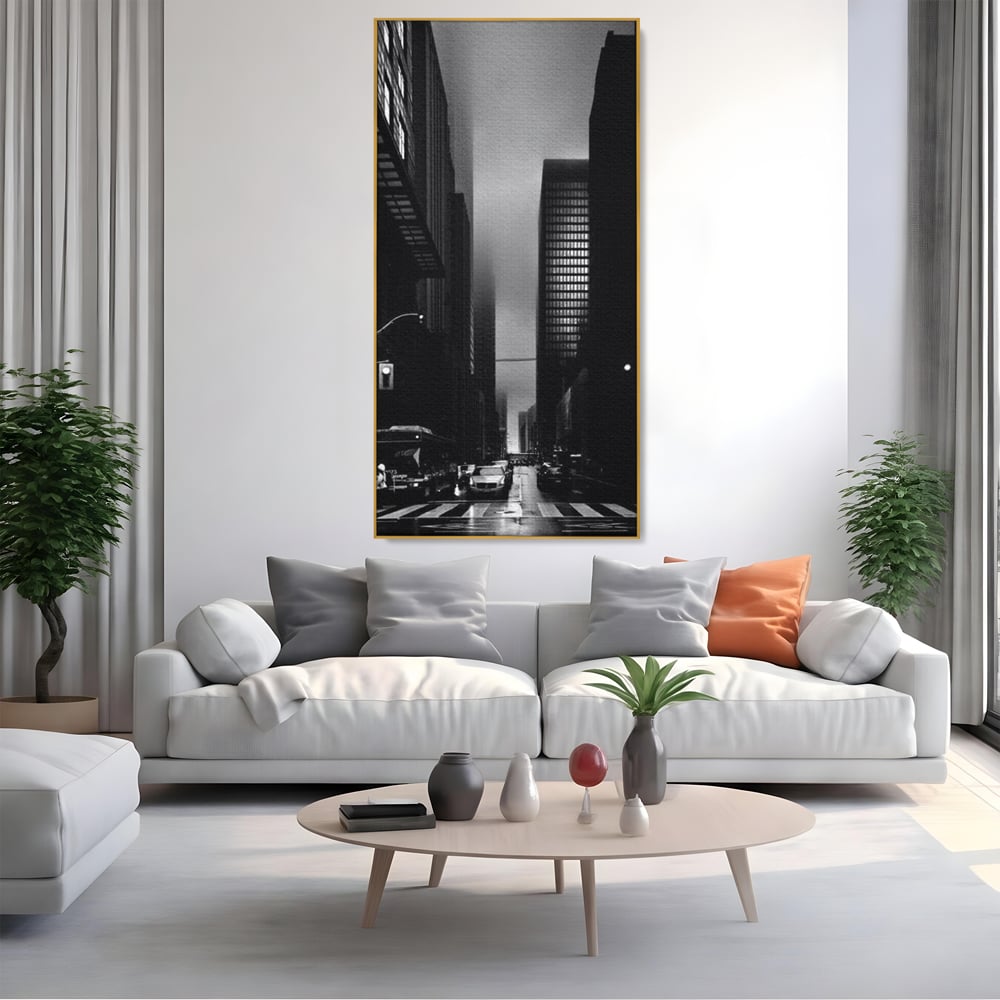 Leinwandbilder Premium, LuxCanva® O1063, Toronto in der Stille, Schwarz, Grau, Monochrom, Fußgänger, Passage, Gebäude, schillernd, Nacht, Dunkelheit, Nebel, Geist, Regen, Schatten, schattenhaft, dunkel, Büro, Wohnen, Schlafzimmer