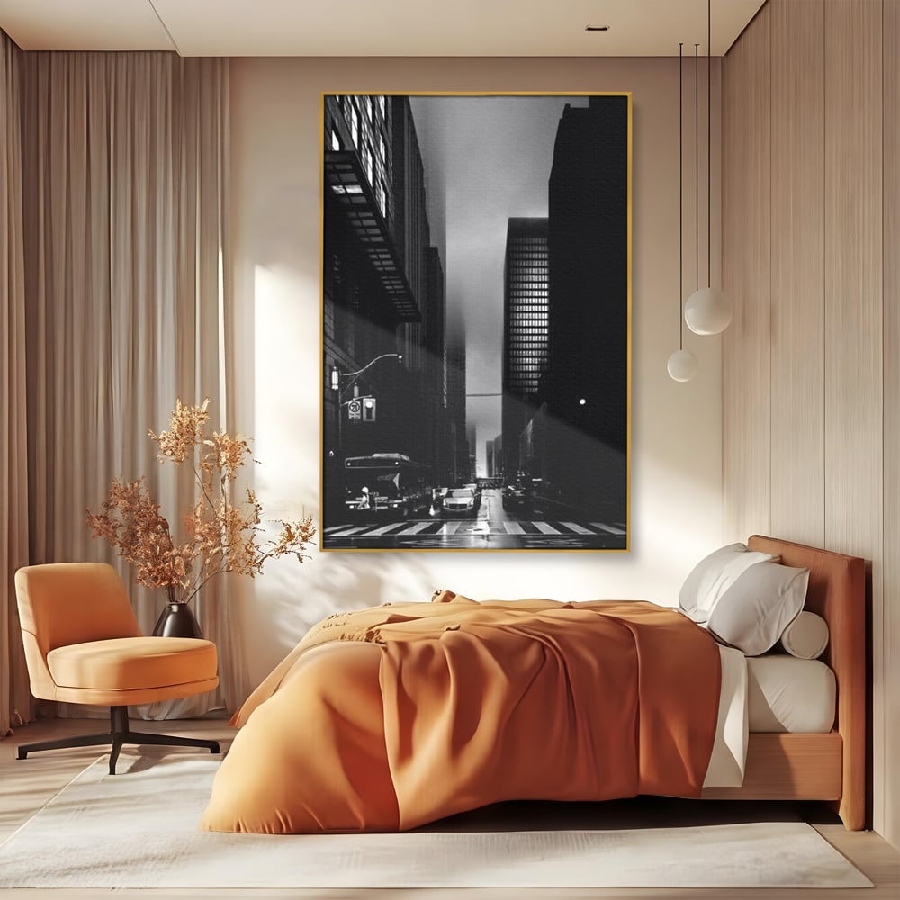 Leinwandbilder Premium, LuxCanva® O1063, Toronto in der Stille, Schwarz, Grau, Monochrom, Fußgänger, Passage, Gebäude, schillernd, Nacht, Dunkelheit, Nebel, Geist, Regen, Schatten, schattenhaft, dunkel, Büro, Wohnen, Schlafzimmer