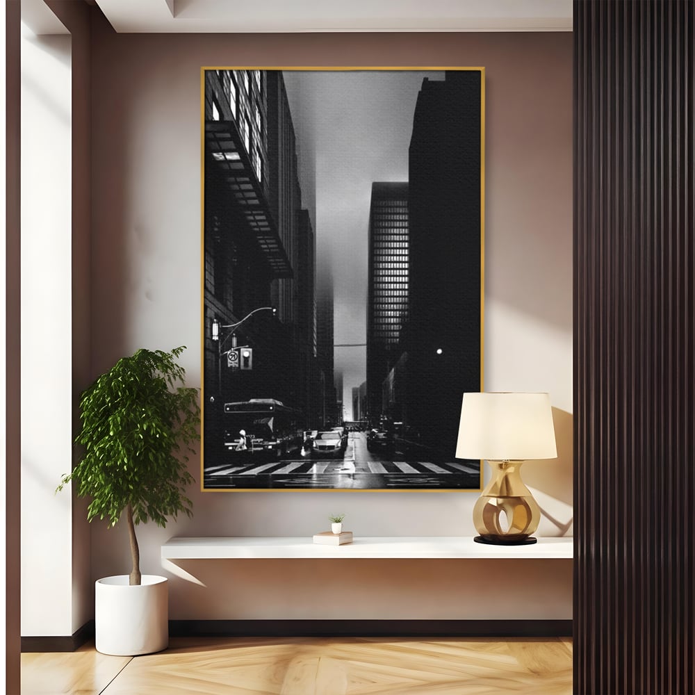 Leinwandbilder Premium, LuxCanva® O1063, Toronto in der Stille, Schwarz, Grau, Monochrom, Fußgänger, Passage, Gebäude, schillernd, Nacht, Dunkelheit, Nebel, Geist, Regen, Schatten, schattenhaft, dunkel, Büro, Wohnen, Schlafzimmer