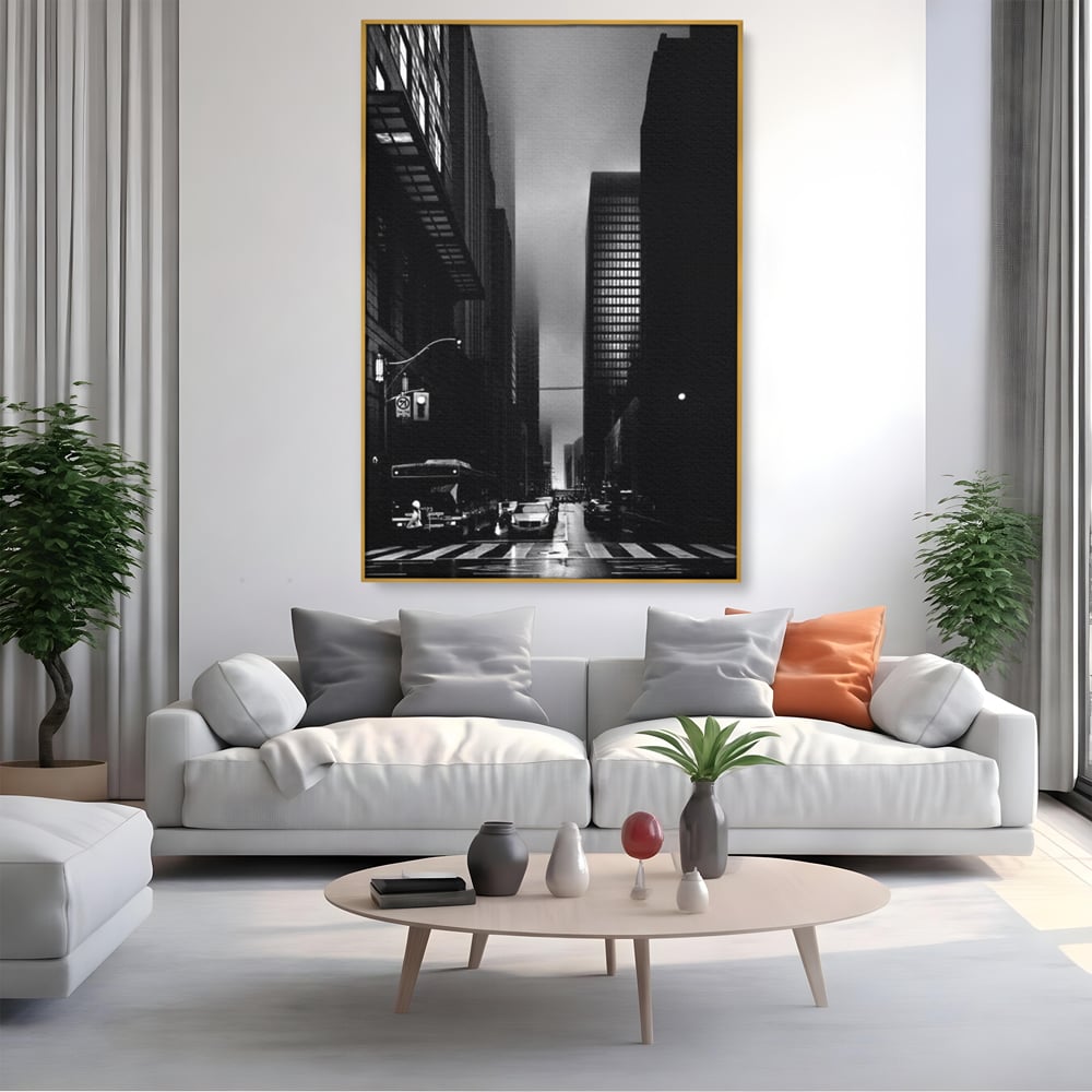 Leinwandbilder Premium, LuxCanva® O1063, Toronto in der Stille, Schwarz, Grau, Monochrom, Fußgänger, Passage, Gebäude, schillernd, Nacht, Dunkelheit, Nebel, Geist, Regen, Schatten, schattenhaft, dunkel, Büro, Wohnen, Schlafzimmer