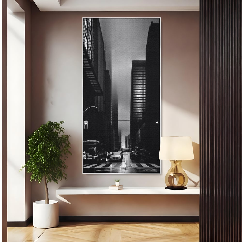 Leinwandbilder Premium, LuxCanva® O1063, Toronto in der Stille, Schwarz, Grau, Monochrom, Fußgänger, Passage, Gebäude, schillernd, Nacht, Dunkelheit, Nebel, Geist, Regen, Schatten, schattenhaft, dunkel, Büro, Wohnen, Schlafzimmer