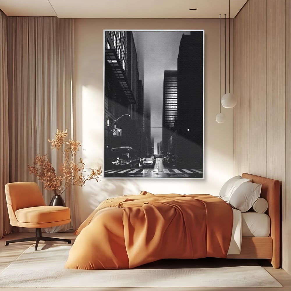 Leinwandbilder Premium, LuxCanva® O1063, Toronto in der Stille, Schwarz, Grau, Monochrom, Fußgänger, Passage, Gebäude, schillernd, Nacht, Dunkelheit, Nebel, Geist, Regen, Schatten, schattenhaft, dunkel, Büro, Wohnen, Schlafzimmer
