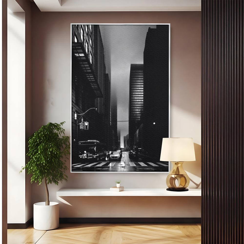 Leinwandbilder Premium, LuxCanva® O1063, Toronto in der Stille, Schwarz, Grau, Monochrom, Fußgänger, Passage, Gebäude, schillernd, Nacht, Dunkelheit, Nebel, Geist, Regen, Schatten, schattenhaft, dunkel, Büro, Wohnen, Schlafzimmer
