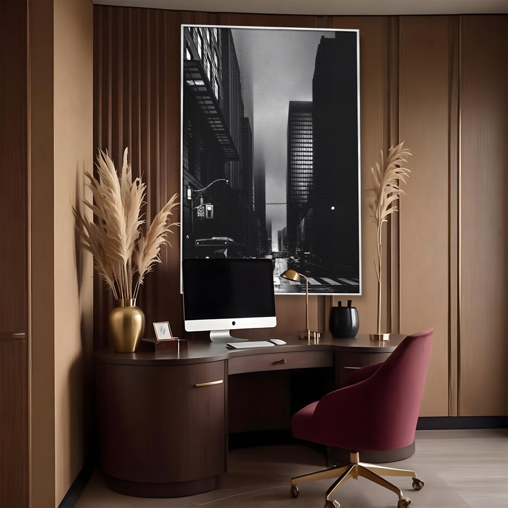 Leinwandbilder Premium, LuxCanva® O1063, Toronto in der Stille, Schwarz, Grau, Monochrom, Fußgänger, Passage, Gebäude, schillernd, Nacht, Dunkelheit, Nebel, Geist, Regen, Schatten, schattenhaft, dunkel, Büro, Wohnen, Schlafzimmer